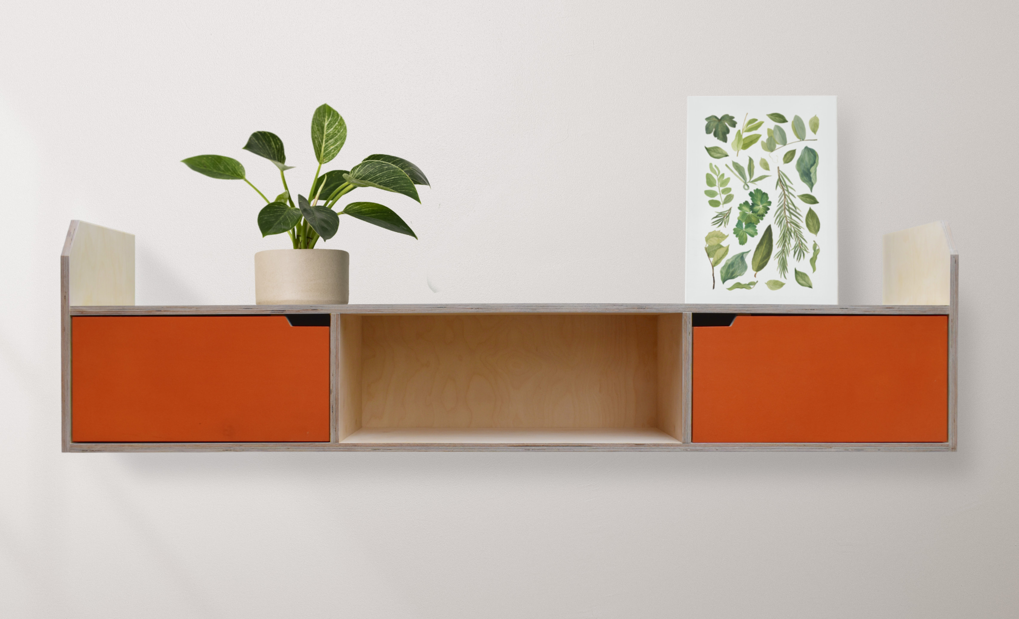 Mmh Furniture 'Horizontal' cabinet birch plywood cabinet with items displayed on the top